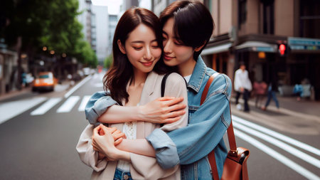 two beautiful young Asian women hugging each other in the city.の素材