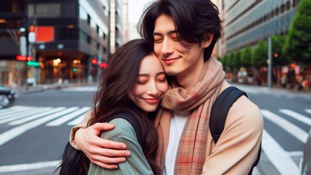 young asian couple hugging and walking on the street in the cityの素材