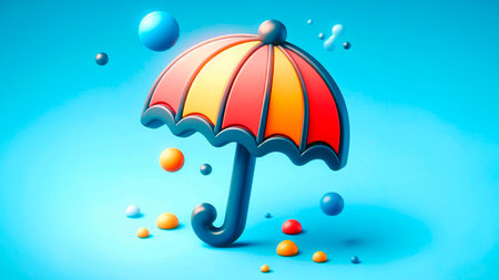 Umbrella and balls on blue background. 3D rendering.の素材