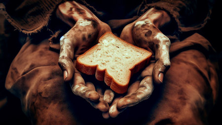 close-up of the hands of an old man holding a loaf of breadの素材