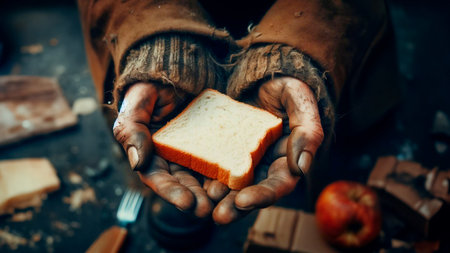 Homeless man with a slice of bread in his hands, close-upの素材