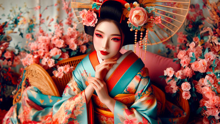 Beautiful asian woman wearing traditional japanese kimono.の素材