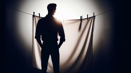 Silhouette of a young man standing in front of a curtainの素材