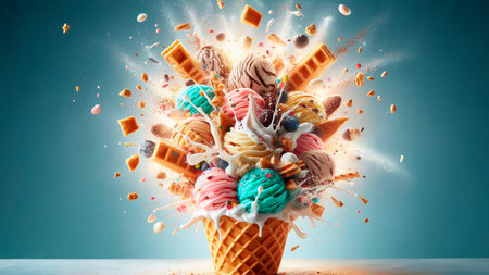 Ice cream in waffle cone with splashes and drops. Mixed mediaの素材