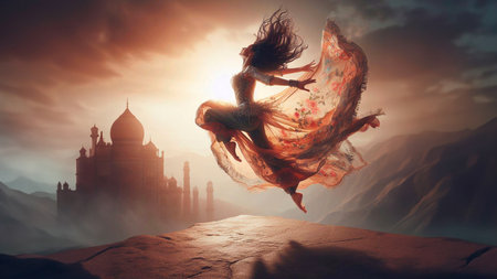 Fantasy woman flying in the sky over the ruins of the ancient cityの素材