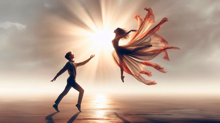 Young woman dancing with flying fabric on the beach. 3d renderingの素材