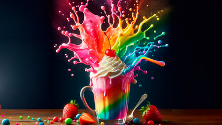 Strawberry milkshake with whipped cream and colorful splashesの素材