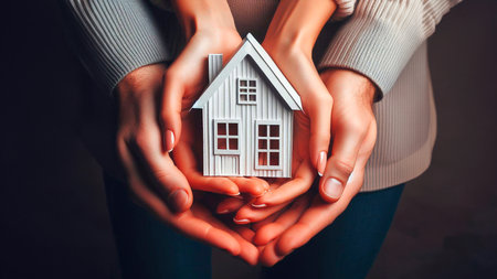 Hands of woman and man holding house model. Real estate conceptの素材