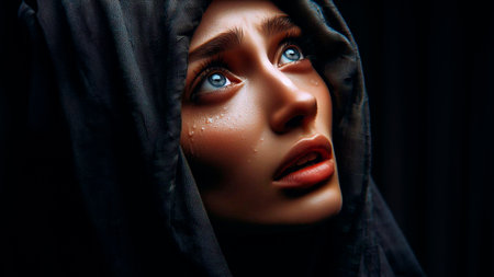 Close-up portrait of a beautiful woman in a black hood.の素材