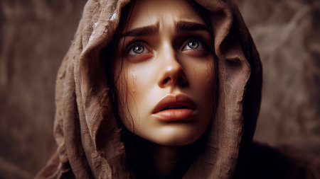 Portrait of a beautiful young woman in a brown hood. Beauty, fashion.の素材