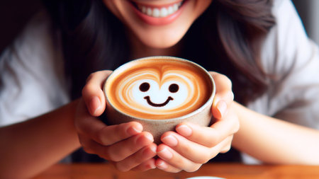 Closeup of a woman holding a cup of coffee with a smiley faceの素材