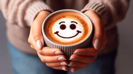 Female hands with a cup of cappuccino with a smiley faceの素材