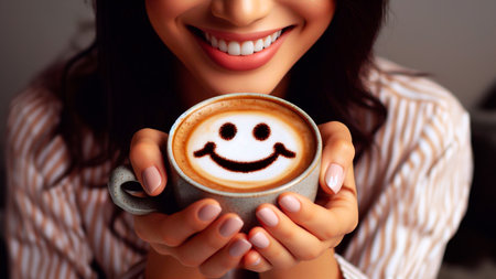 Close up of smiling woman holding cup of coffee with smiley faceの素材