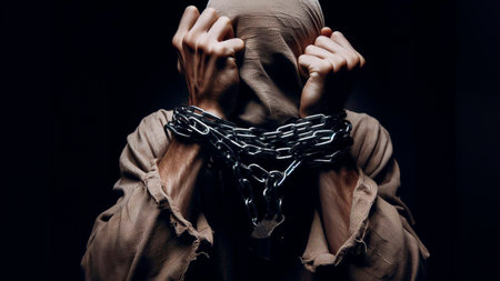 A man in a hoodie with a chain on his head.の素材