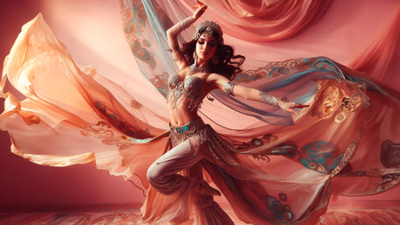 Beautiful young woman in a flying dress. Belly dance.の素材