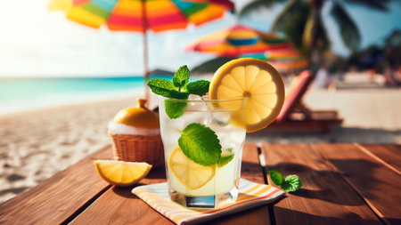 Cocktail mojito with lemon and mint on the beachの素材