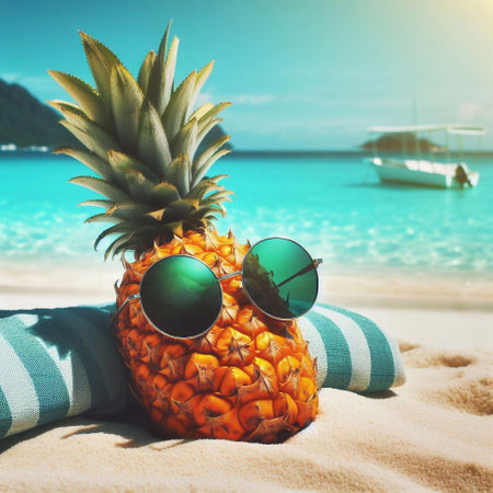 Pineapple with sunglasses on the beach. Summer vacation concept.の素材