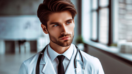 Portrait of handsome young man doctor in white coat and stethoscope.の素材