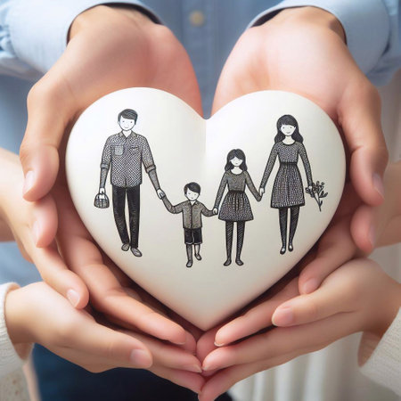 family in hands with a drawing of a heart on a white backgroundの素材