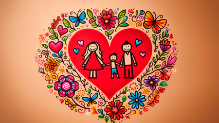 Colorful heart with a couple and a child on a pink backgroundの素材