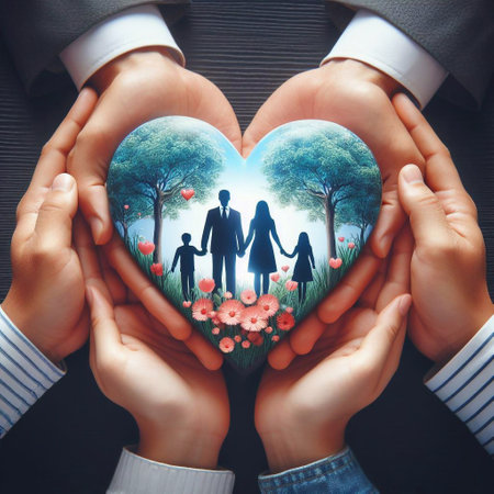 Family in the form of a heart in the hands of men and womenの素材