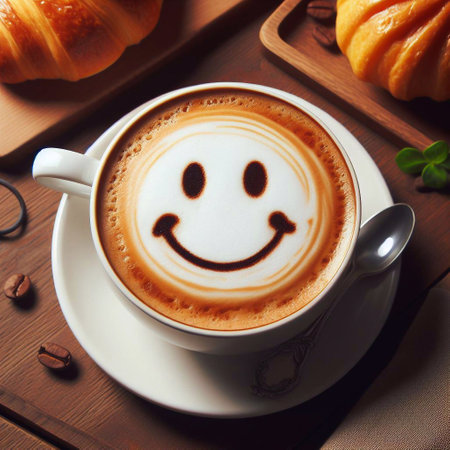 Cappuccino with a smiley face in a cup on a wooden tableの素材