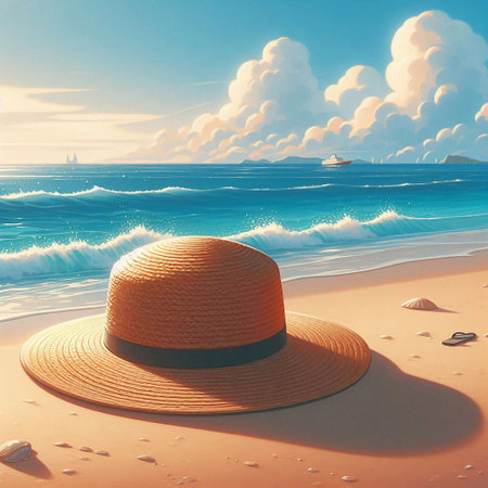 Beach hat on the sand. Summer vacation concept. 3D Renderingの素材
