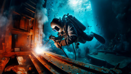 Welder at work in a mine. 3d rendering, 3d illustration.の素材