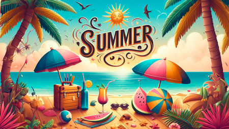 Summer lettering on tropical beach background with palm trees, umbrellas and cocktails. Vector illustrationの素材