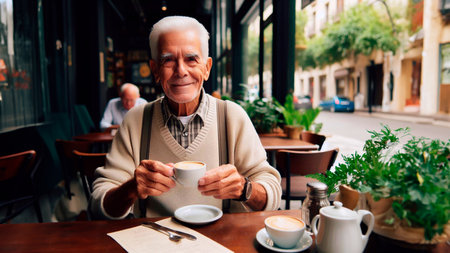 Senior man drinking coffee in a street cafe. Senior man with cup of coffee.の素材