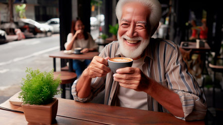 Cheerful man senior drinking coffee and smiling while sitting in a cafeの素材