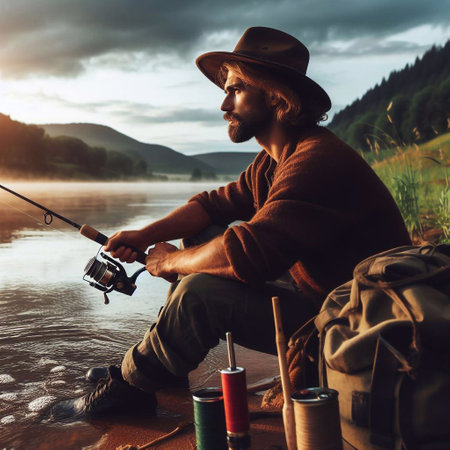 Fisherman with fishing rod sitting on the bank of a mountain lake.の素材