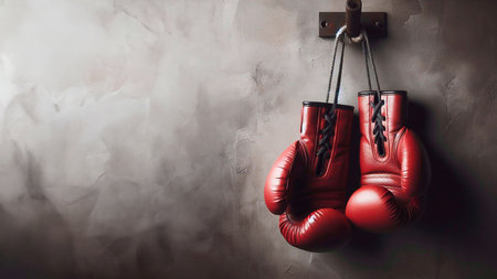 Pair of red boxing gloves hanging on a wall with copy spaceの素材