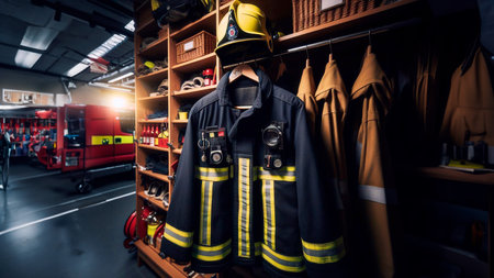 Firefighter uniform and fire extinguisher on shelves in fire department.の素材