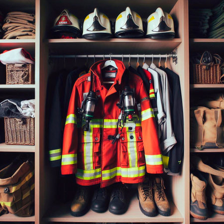 Firefighter uniform and boots on the shelves in the fire department.の素材