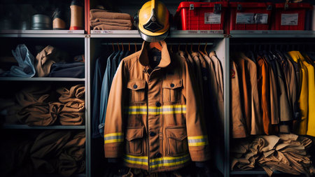 Fireman uniform in the fire department. Firefighters uniform in the fire department.の素材