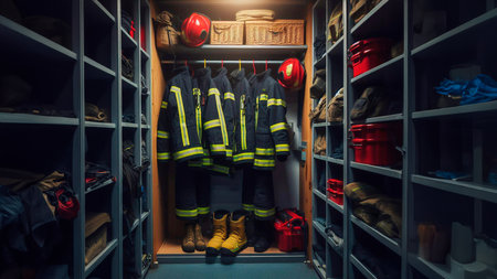Firefighter equipment on shelf in the fire department. Firefighter equipment in the fire department.の素材