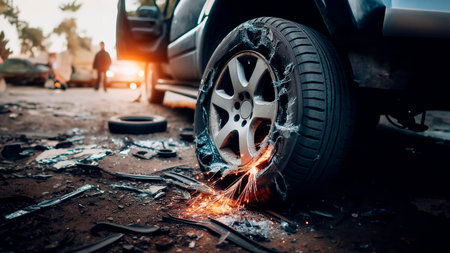 Burning car wheel with sparks on the road during a car accidentの素材