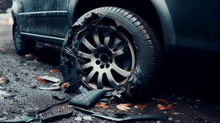 Car wheel damaged by car accident on the road. Car insurance concept.の素材
