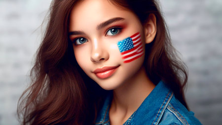 Beautiful young woman with American flag on her face. American girl.の素材
