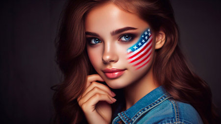 Portrait of beautiful young woman with American flag on her face.の素材