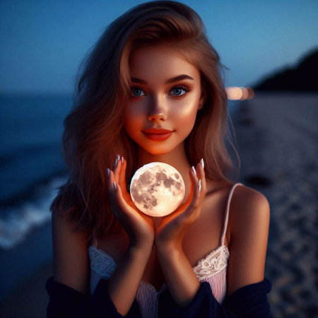 Beautiful young woman with moon in hands on the beach at sunsetの素材