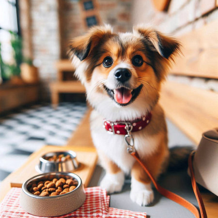 Cute happy dog with bowl of dry food at home. Pet care conceptの素材