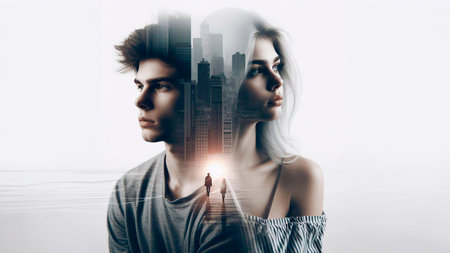 Portrait of young woman and man on city background. Double exposureの素材