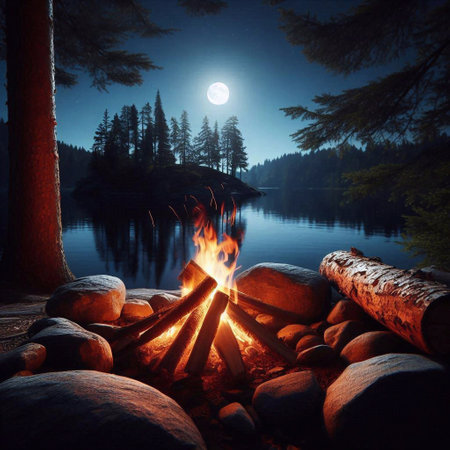 Bonfire on the shore of lake at night, 3d renderの素材