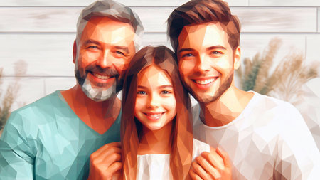 Portrait of happy family against white wooden planks with palm treesの素材