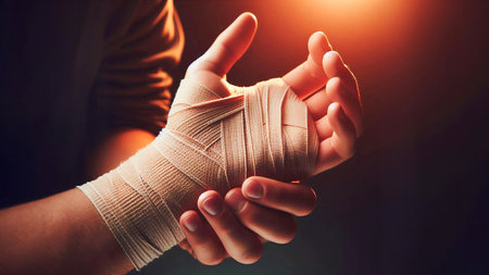 Close-up of man's hand with bandage on wrist.の素材