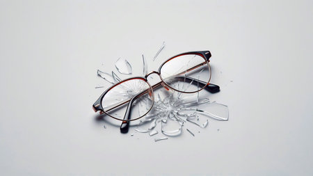 Broken glasses on a white background. View from above. Copy space.の素材