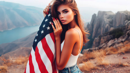 Beautiful young woman with an American flag on the background of mountains.の素材