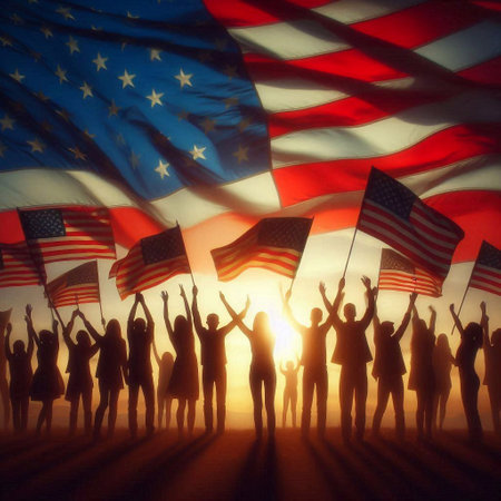 Silhouettes of a group of people with the american flagの素材